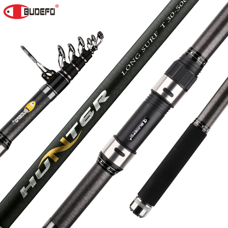 BUDEFO Telescopic Surf Spinning Fishing Rod 3.9/4.2/4.5/5.0/5.3m Carbon Carp Travel Rods Power 80-150g Throwing